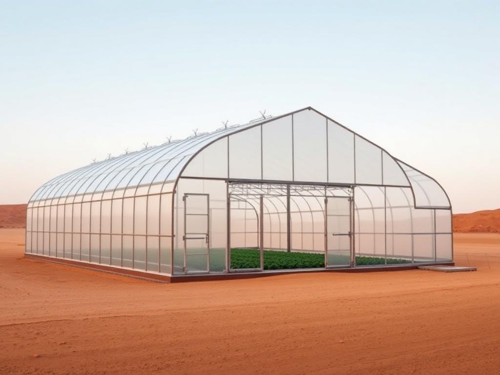 Modern commercial greenhouse with steel frame and translucent panels in a desert setting