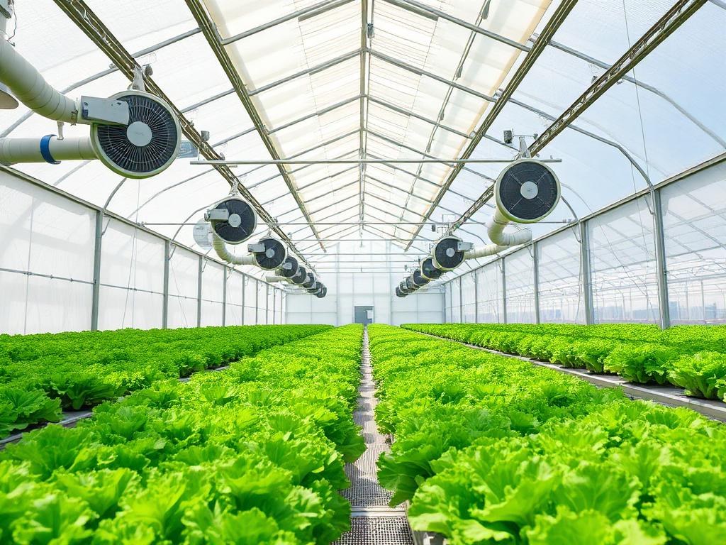 Interior of a climate-controlled greenhouse with ventilation fans and rows of lettuce