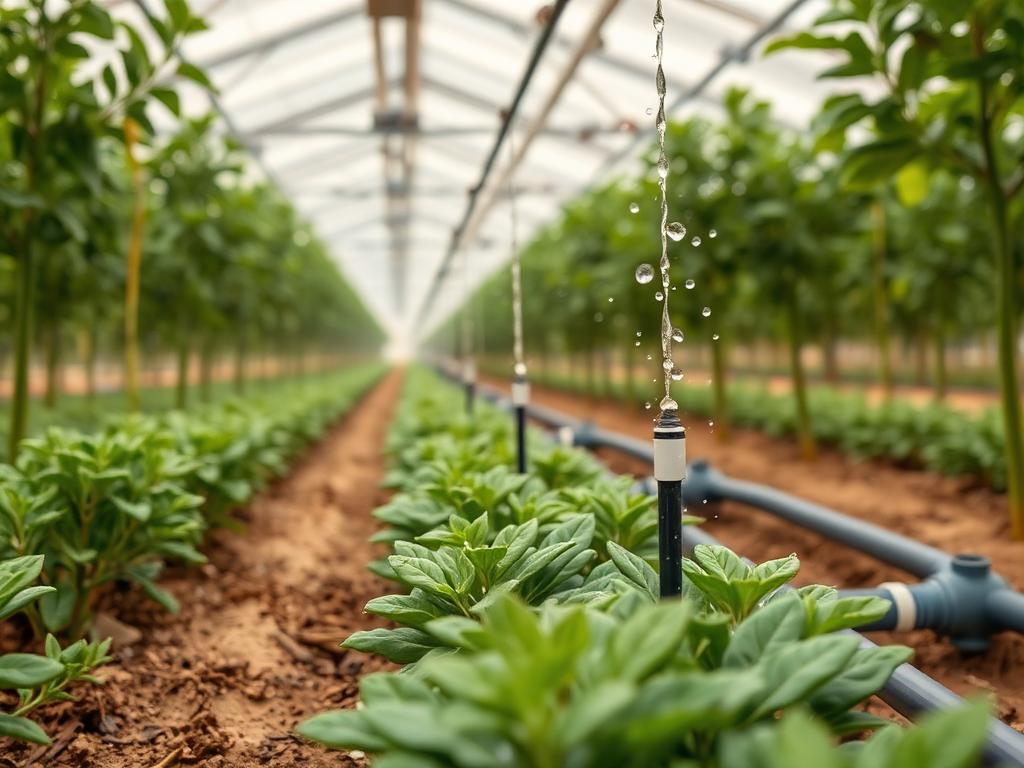 Drip irrigation system watering rows of crops inside a greenhouse