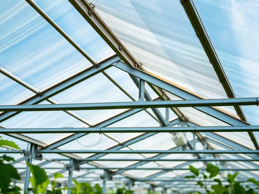 Close-up of greenhouse steel framing and UV-resistant roofing material