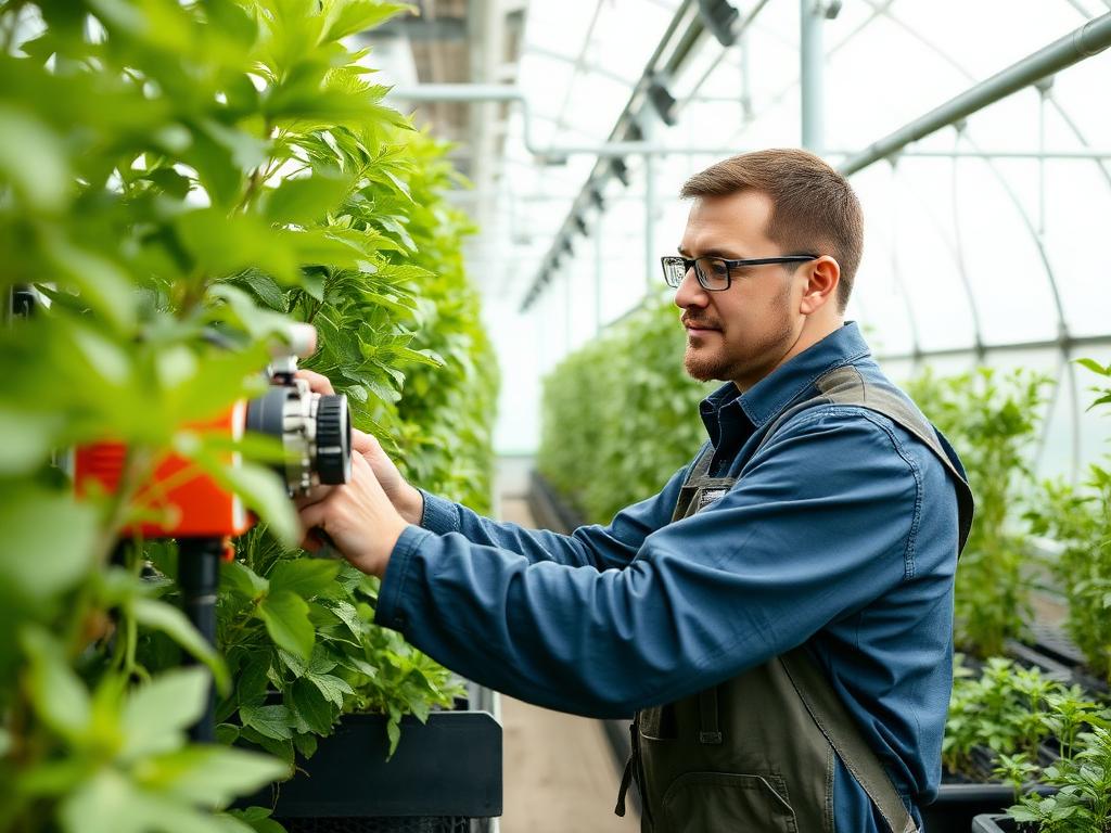 Technician inspecting equipment and plants inside a modern greenhouse